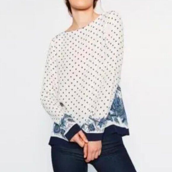 ZARA Batik Print Blouse Long Sleeve Floral Bordered Side Slit Ecru Navy Top - Picture 2 of 12